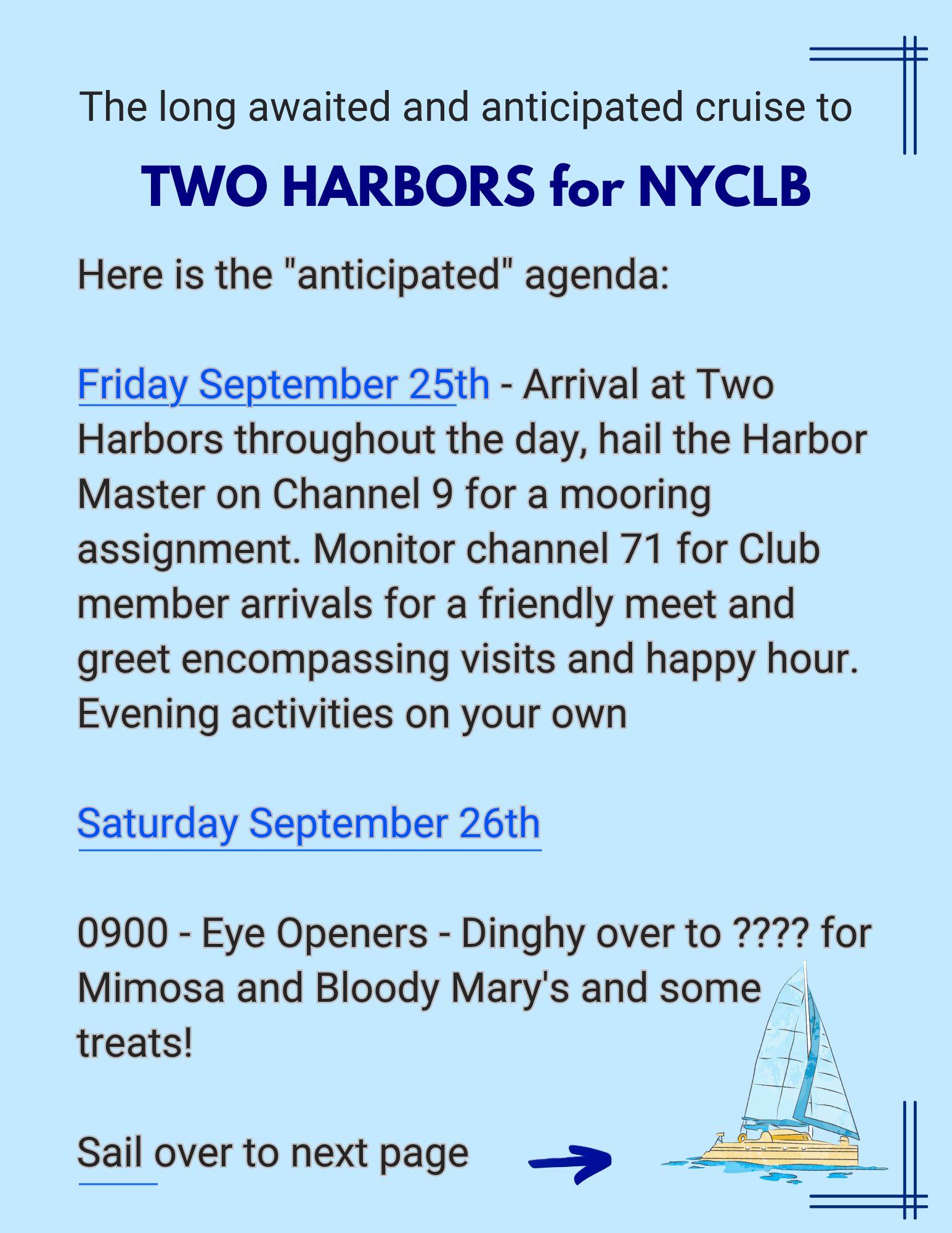 9/25/26 - 9/27/26 Two Harbors for NYCLB